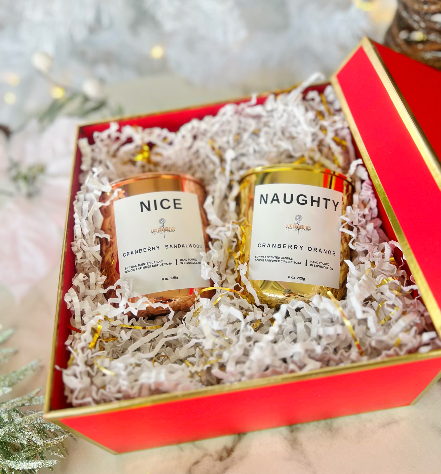 Two luxurious soy candles beautifully decorated in a gift box