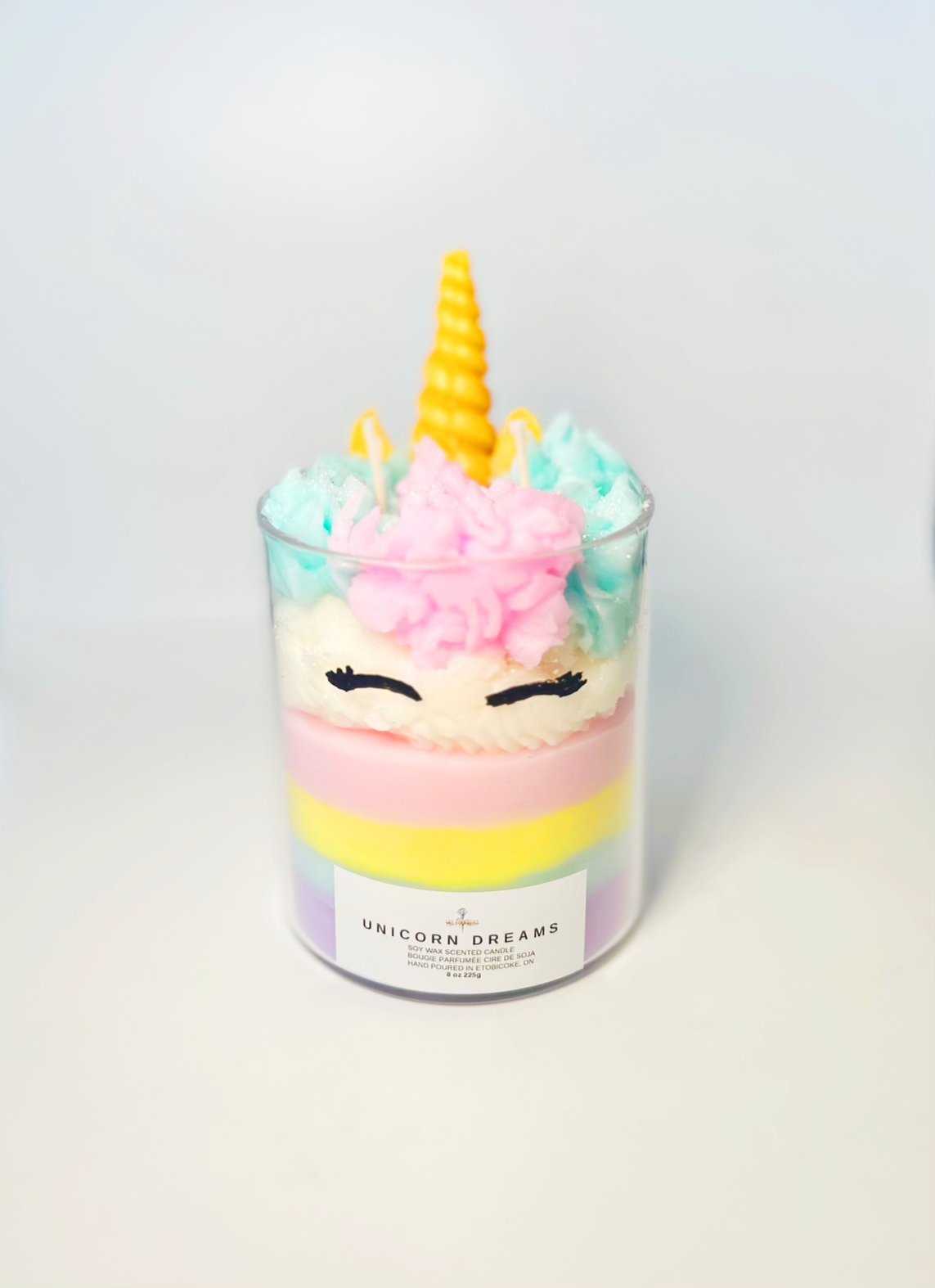 Unicorn Candle - A lovely soy wax candle scented with a light aroma.  A new popular addition to our collection!  A beautiful glass vessel decorated with a Unicorn theme, perfect birthday gift.