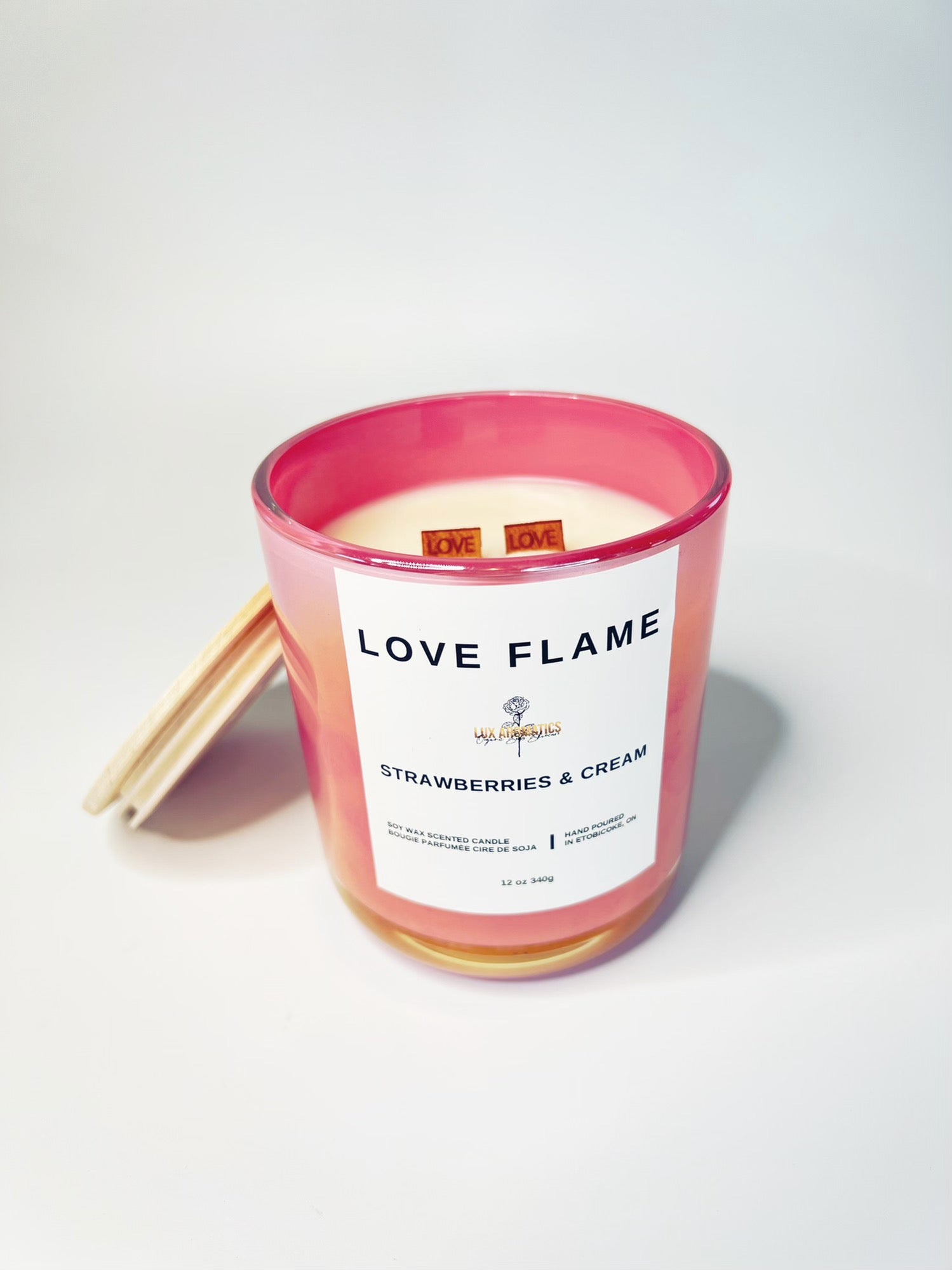 A gorgeous candle, wooden word wicks (LOVE), a beautiful fragrance that fills the room with the wonderful aroma of fresh strawberries & cake.  All natural soy wax, vegan, clean burning, non toxic, paraben & phthalate free.  Our best seller, perfect for Valentine's Day.