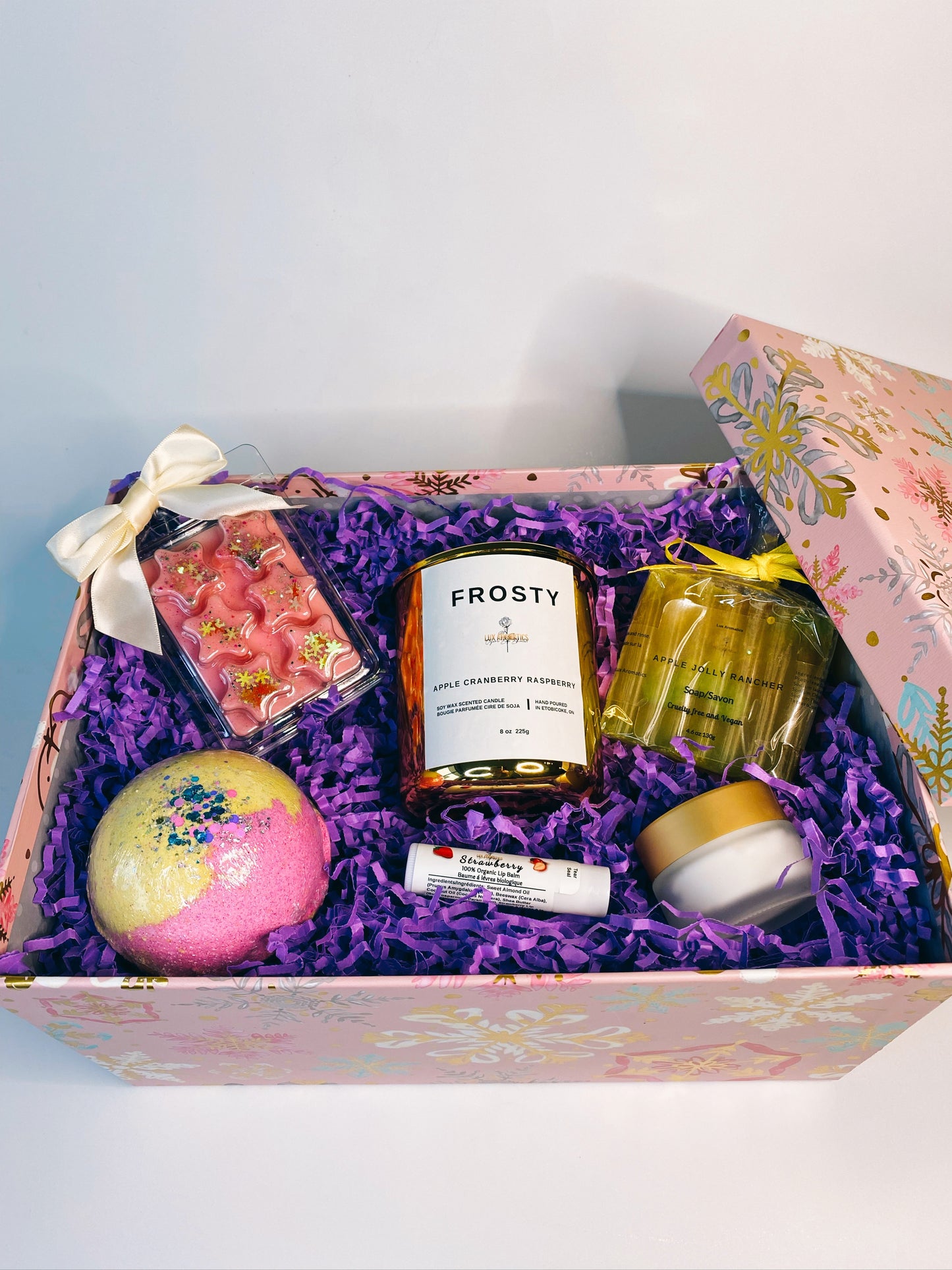 Beautifully decorated gift box with Soy Candle, large Bath Bomb, Soap, Wax Melts, Body Cream, Lip Balm.